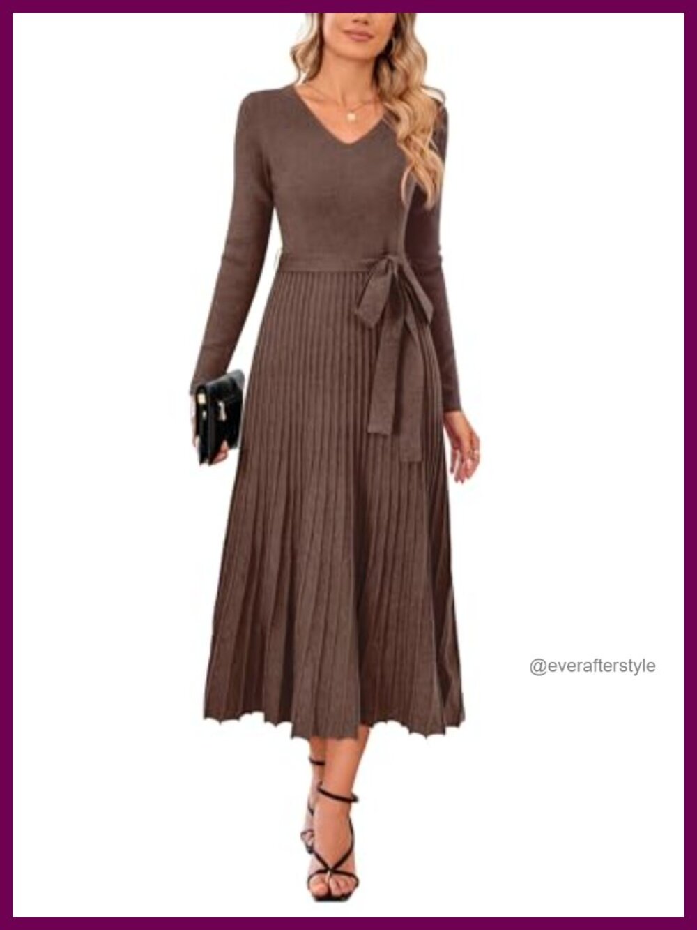 Wool Blend V Neck Tie Waist Long Sleeve Midi Sweater Dress